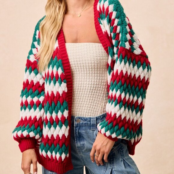 BIBI Christmas Chunky Knit Red Green White Cardigan - Picture 6 of 14